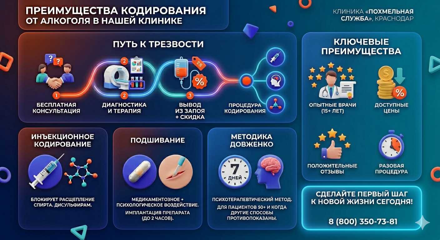 Инфографика о методах кодирования от алкоголя в Понизовке: инъекции, подшивание, метод Довженко. Преимущества клиники и этапы лечения.